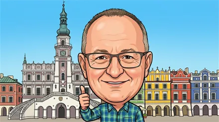 Karykatura dr. Krzysztofa Gąsiorka, urologa z Zamościa, na tle ratusza w Zamościu